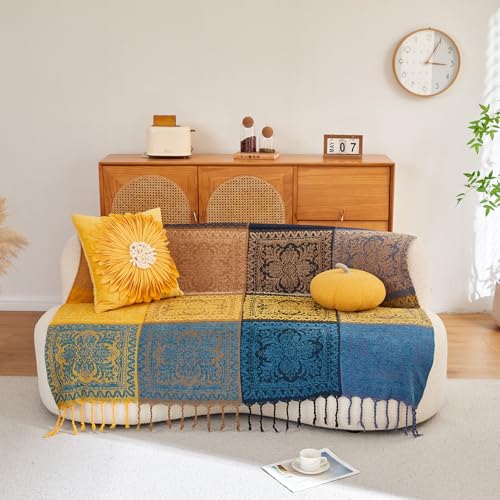 AIVIA Bohemian Throws Blankets, Chenille Woven Recliner Chair Throw Cover Futon Furniture Cover Sofa Slipcover Boho Bed Blanket - 60" x 75" Navy Teal Yellow