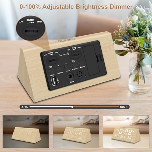 DreamSky Digital Alarm Clocks for Bedrooms - Wooden Desk Clock with Date, Day of Week, USB Port, Temperature, Dimmer for Bedside Table, Living Room, Office, Adjustable Volume, Auto DST, Wood Decor
