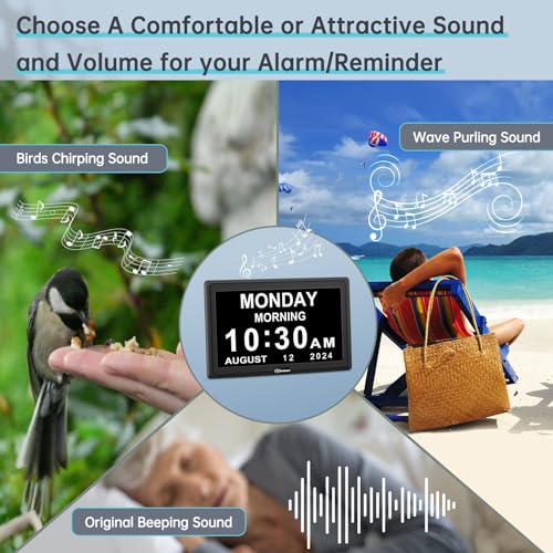 Soobest Digital Dementia Day Clock for Seniors with 12 Alarms โ Multiple Reminders for Elderly Large Display Calendar Desk Clock with Date for Gift for Alzheimer Bedroom Desk Shelf Adapter Included