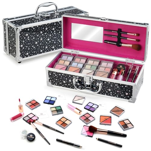 Color Nymph Beginners Makeup Kit With Train Case For Teenagers Girls, Full Starter Cosmetics Set Included 32 Colors Eyeshadow, Bronzer, Contour Powder, Blush, Highlighter, Lip Gloss (Black)