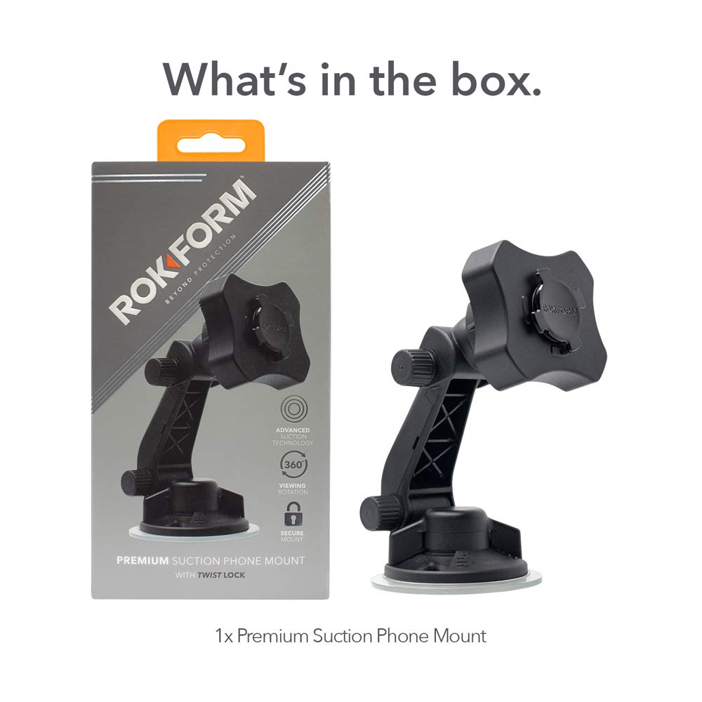 Rokform - Adjustable Windshield Phone Mount Secured by Strong Suction Cup Base, 210 Degrees of Tilt and 360 Degree of Rotation Phone Holder Compatible with ALL Rokform Twist Lock Cases
