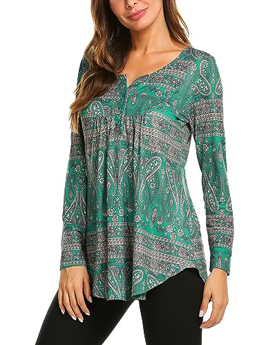 Halife Women's Long Sleeve V Neck Tops Paisley Printed Casual Tunic Blouses Loose Fall Shirts Dark Green M