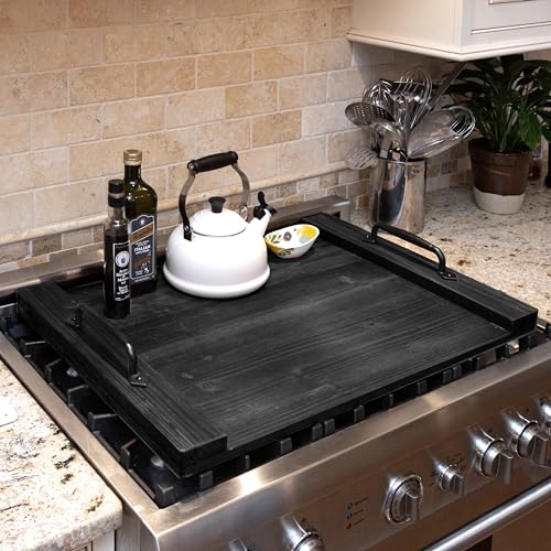 Ilyapa Noodle Board Wood Stove Top Cover for Gas Stove, Electric Stove Burner Covers, Farmhouse Serving Tray, Handles Made of Cast Iron, 22x30 Inches, Farmhouse Noodle Board, Charcuterie Board, Black