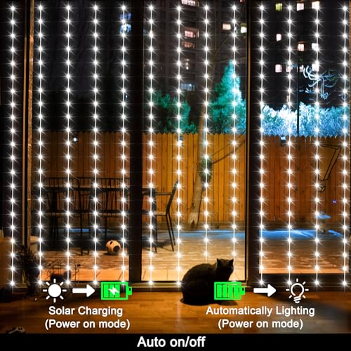 echosari Christmas Curtain Lights Solar Powered 7.9ft x 6ft 144 LED Outdoor Curtain Lights Waterproof with Timer 8 Modes for Christmas Garden Patio Fence Wedding Wall Window Gazebo Decor Cool White