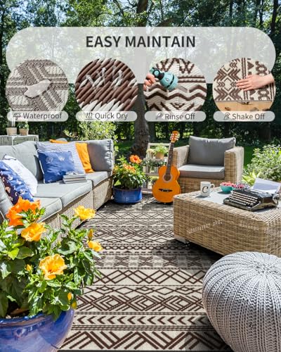 MontVoo-Outdoor Rug Carpet Waterproof 5x8 ft Reversible Patio Rug RV Camping Rug-Plastic Straw Rug Outside Indoor Outdoor Area Rug for Patio Deck Balcony Picnic Beach Outdoor Decor Boho Beige Brown