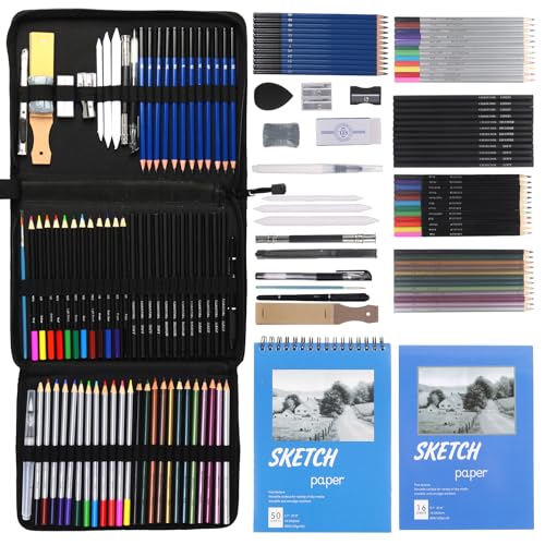 Kebuye Drawing Sketching Pencils-78 Pack Drawing Pencils for Sketching Pro Art Sketch Supplies with Sketchbook, Graphite,Colored, Charcoal, Watercolor, Metallic Pencils for Artists Teens Beginner
