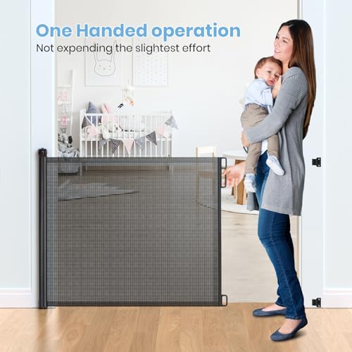 HAMOPY Retractable Baby Gate, 33" Tall, Extends up to 55" Baby Gates Extra Wide, Mesh Gates for Kids or Pets with Alarm, Durable Child Safety Gate for Doorways, Hallways, Stairs, Indoor/Outdoor(Black)