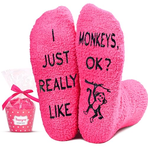 HAPPYPOP Funny Monkey Gifts for Monkey Lovers, Novelty Monkey Slipper Socks for Women Teen Girls Fuzzy Socks