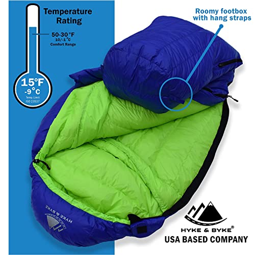 Hyke & Byke Eolus 15 F Hiking & Backpacking Sleeping Bag - 3 Season, 800FP Goose Down Sleeping Bag - Ultralight - Black/Clementine - 78in - Regular