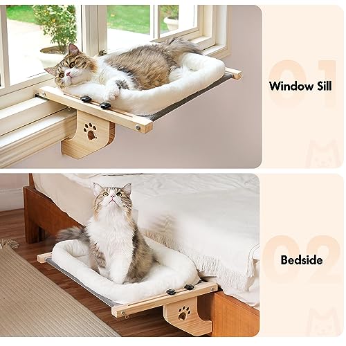 AMOSIJOY Cat Sill Window Perch Sturdy Cat Hammock Window Seat with Cushion Bed Cover, Wood & Metal Frame for Large Cats, Easy to Adjust Cat Bed for Windowsill, Bedside, Drawer and Cabinet(Cushion Bed)