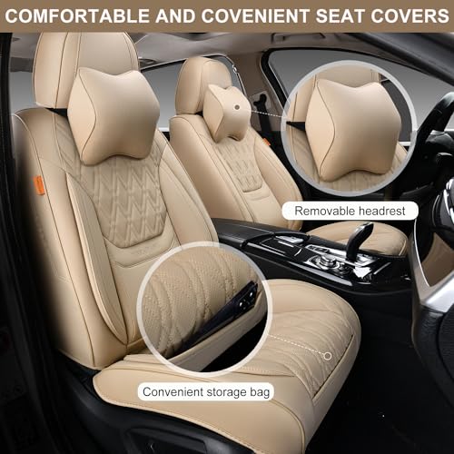 TINRAIYANG Car Seat Covers Front Pair, Breathable Leather Automotive Front Seat Covers with Headrest, Universal Automotive Vehicle Seat Cover for Most Sedan SUV Pick-up Trucks, Beige