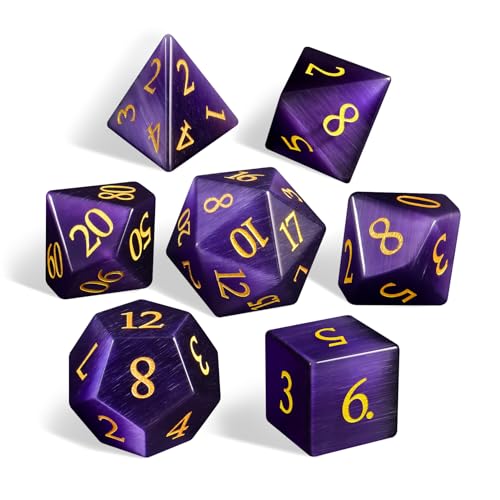 LUCKY-M Cat Eye DND Dice Sets, Gemstone Dice for Dungeons and Dragons, Stone Dice D&D Accessories RPG Dice MTG Women Gift (CE-Purple Red)