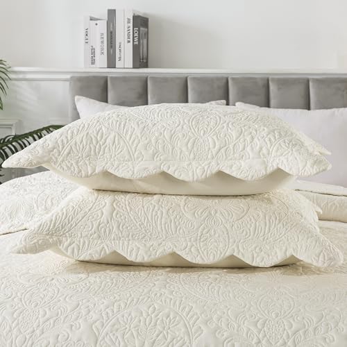 HoneiLife King Quilt Bedding Set - Velvet Quilt Sets 3-Pieces, Lightweight Bedspreads Solid Coverlets Retro Bed Cover Quilt King Size All Season Quilts, Nature White
