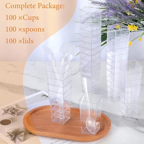 HawHawToys 100 Pack 3 OZ Mini Dessert Cups with Lids and Spoons, Square Tall Plastic Parfait Cups Dessert Shooter Cups for Party, Small Plastic Dessert Cups for Pudding, Appetizers