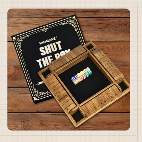 VAMSLOVE Shut The Box Dice Game Wooden Board for 2-4 Player, 4 Sided 10 Numbers Math Games with 8+4 Dices Close The Box for Kids Adults(Instructions Included)