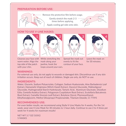 Stylia Double Chin Mask - V Line Chin Strap - Toning Hydrogel Collagen Face Mask with Hyaluronic Acid & Aloe Vera - 5PC
