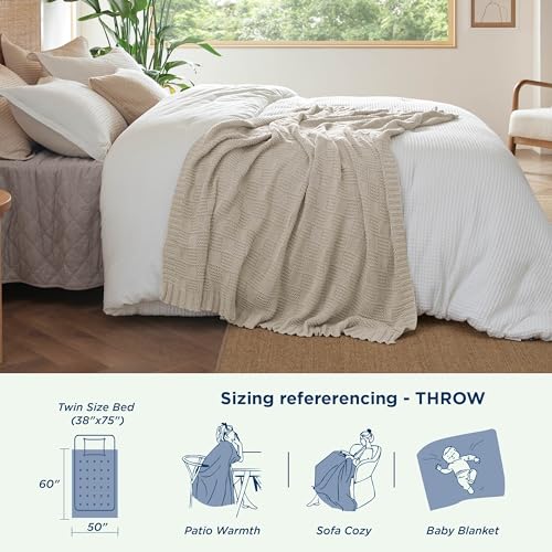 Bedsure 100% Cotton Knitted Throw Blanket for Couch, Checkered Chunky Knit Blanket for Summer, Soft Breathable and Lightweight Linen Beige Throw Blanket, Throw (50" x 60")