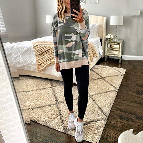 ECOWISH Women Side Split Sweatshirt: Fall Crewneck Long Sleeve Oversized Striped Shirts Casual Contrast Pullover Tops 413 Pink Green XL
