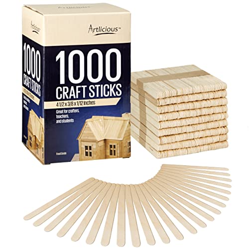 Artlicious 1000 Pcs Wood Craft Sticks, Popsicle Sticks for Crafts, Icecream Sticks, Wooden Dowel, Wax Sticks, Tongue Depressors
