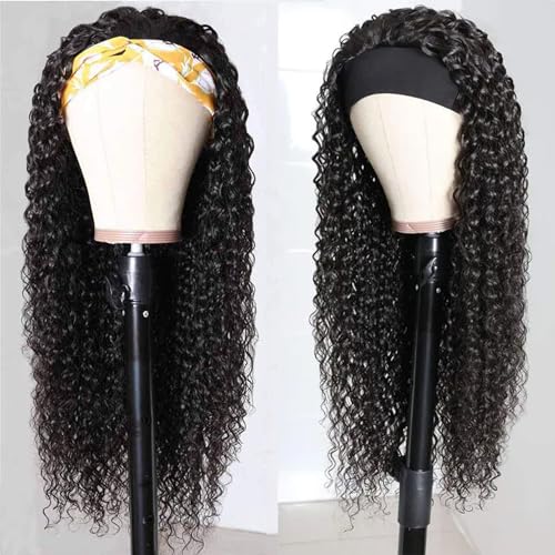 Headband Wig Human Hair Deep Wave Half Wigs Glueless None Lace Front Wigs with Headband Attached Brazilian Human Hair Headband Wigs Glueless Curly Hair for Black Women(30 Inch, Chocolate Brown)