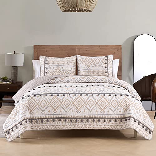 HORIMOTE HOME Boho Style Beige Twin Quilt Set with Tassle, Soft and Lightweight Bedspread for All Season, Twin Size Bed Coverlet with 1 Matching Pillow Sham (2 Pieces)