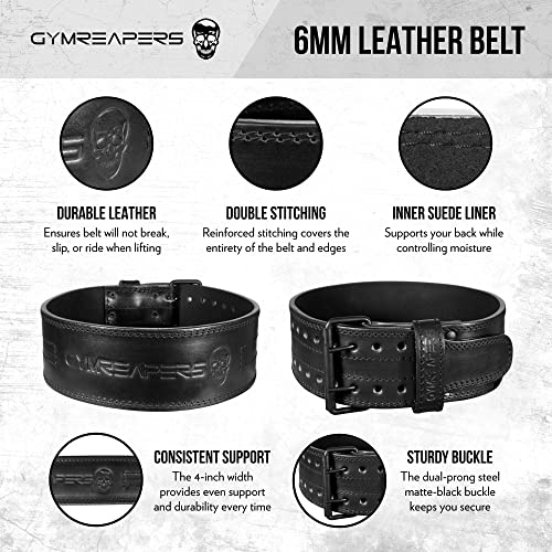 Gymreapers Weightlifting Belt 6MM Genuine Leather - Double Prong Power Belt Heavy Duty 4-Inch Wide - Strong, Stabilizing Back Support for Deadlifts, Squats Powerlifting (Black, 2X-Large)