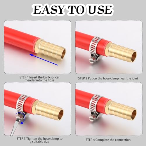 Yaocom 12PCS Brass Hose Barb Union Fitting Barb Splicer Mender Joiner Hose Fitting with 18PCS Stainless Steel Pipe Hose Clamp for Air/Water/Fuel/Oil, 3/16 1/4 5/16 3/8 1/2 5/8 Inch (Brassy,L Fitting)