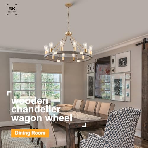 Benkut Farmhouse Wagon Wheel Chandelier 31" Black Rustic Light Fixtures 12-Light Wood Round Chandelier for Dining Room Living Room Entryway Foyer