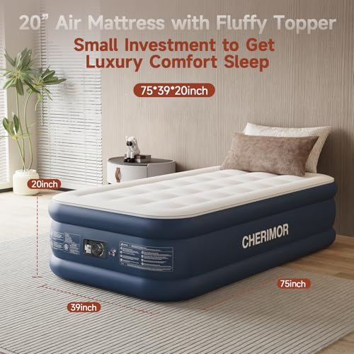 CHERIMOR Twin Air Mattress with Built in Pump and Quilted Mattress Topper, 20" Comfort Blow Up Mattress, Portable Inflatable Mattress with Carry Bag, 2-Min Inflation Air Bed for Guest, Home & Camping