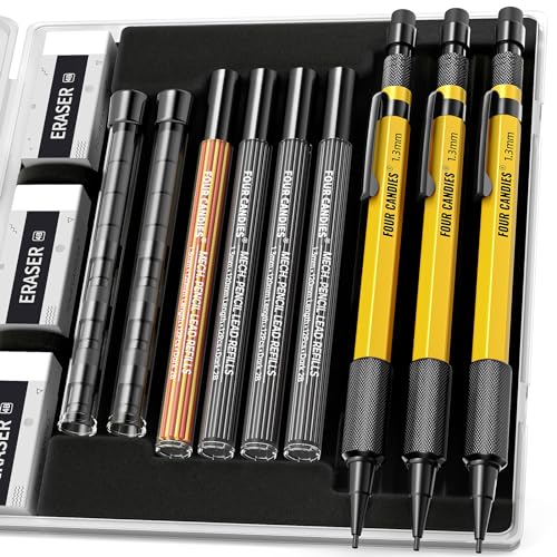 Four Candies 1.3mm Mechanical Pencil Set with 24 Lead Refills, Metal Weatherproof Heavy Duty Outdoor Carpenter Pencil, Eraser, 6 Eraser Refills for Architect Drafting Woodworking Marking with Case