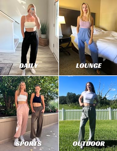 PINSPARK Sweatpants Women Drawstring High Waist Track Pants Baggy Straight Leg Joggers Sweatpants with Pockets Black S