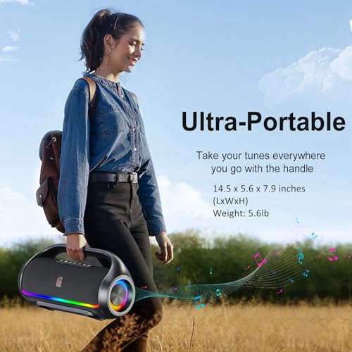 HWWR Portable Bluetooth Speaker Wireless Outdoor: IPX5 Waterproof Bluetooth Speaker with Powerful Bass & LED Lights, 60W Loud Stereo Speaker for Home Party, Beach, Camping, Support USB/TF Card/AUX/TWS