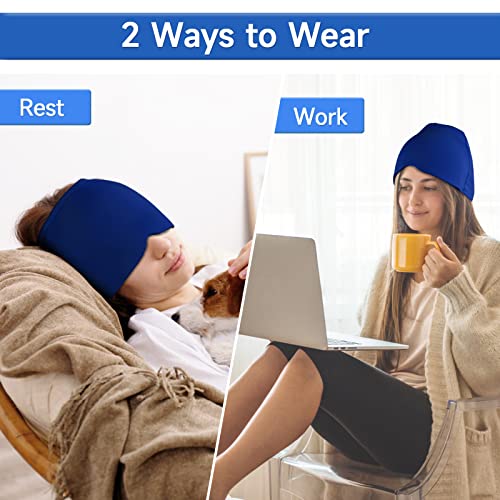 Wearable Ice Cap for Migraines, Headache Relief Hat for Tension Sinus Headache Eye Fatigue Fever Relief, One-Piece Design Fit All Head Ice Pack Cap, Hot Cold Compressed Therapy Head Migraine Hat(Blue)