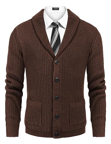 COOFANDY Men's Shawl Collar Cardigan Sweater Slim Fit Cable Knit Button up Sweater with Pockets Purple