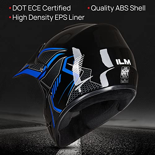 ILM Youth Kids Dirt Bike Helmet ATV Motocross DOT Off-Road Street Helmet Goggles Gloves Full Face Protective Helmet Model BLD-818(Blue,Youth-Small)