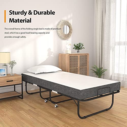 Foxemart Folding Bed with Mattress 75 x 38“ Rollaway Bed Extra Guest Bed with 5 Inch Comfortable Memory Foam Mattress and Super Sturdy Bed Frame with Wheel, Easy to Assemble, Twin Size