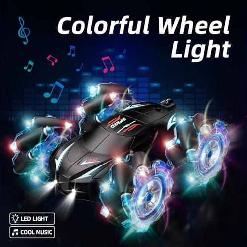 Jovow RC Stunt Car, 2.4GHz 4WD Gesture Sensing Remote Control Car with Cool Light and Music, Double-Sided 360° Flips RC Cars for Boys Age 6-12 8-12 Birthday Christmas Toy Cars(Blue)