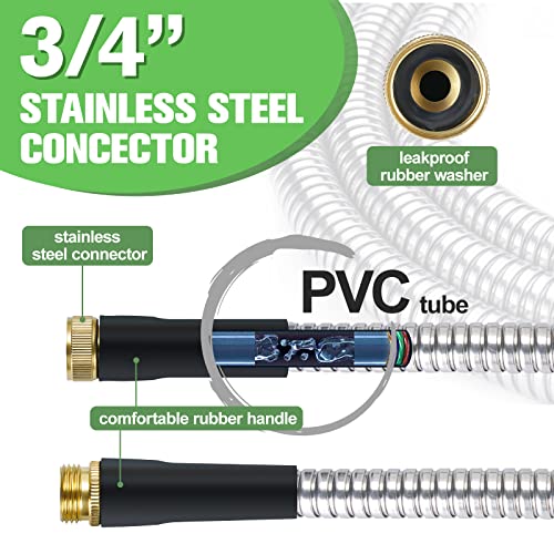 TVKB Metal Garden Hose Stainless Steel Metal water Hose Super Tough & Flexible Water pipe Lightweight, Crush Resistant Aluminum Fittings, Kink & Tangle Free, Rust Proof (50FT)