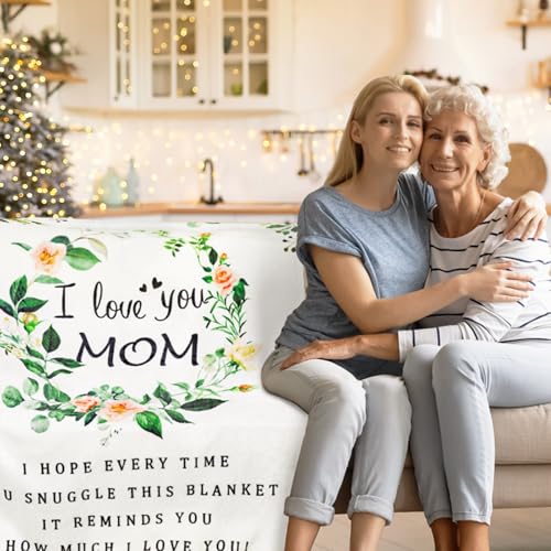 BESTSWEETIE Throw Blanket 60" x 50" for Mom Birthday, Soft Flower Pattern I Love You Mom Blanket from Daughters, Blue