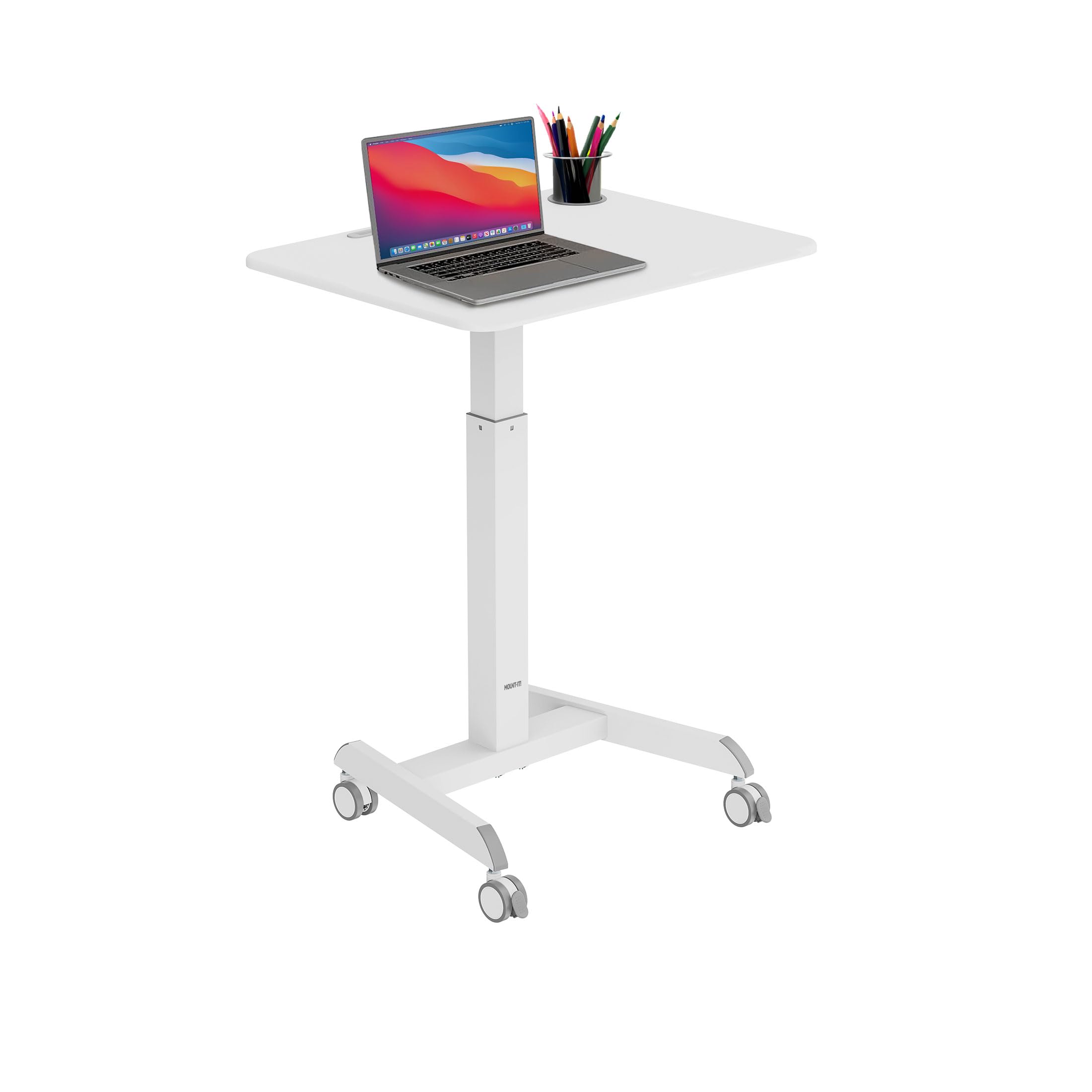 Mount-It! Mobile Laptop Desk Cart | Adjustable Rolling Laptop Stand with 28.5" x 22" Tabletop | Ergonomic Sit-Stand Workstation on Wheels | Portable Laptop Cart for Home Office in White