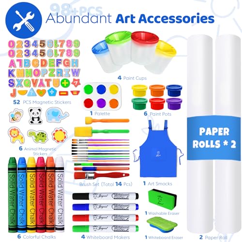 Joyooss Art Easel for Kids, Adjustable Standing Kids Easel with Magnetic Whteboard & Chalkboard, Magnetic Board for Kids Art Easel Kids with 2 Paper Rolls, Finger Paints, Letters & Numbers Magnets