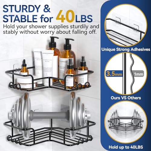 YASONIC Corner Shower Caddy Adhesive, 3 Packs Shower Organizer with Soap Holder and 12 Hooks, Rustproof Corner Shower Shelves, No Drilling Shower Shelf for Inside Shower (Bright Black)