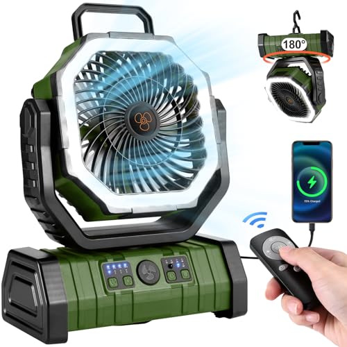 Odoland Portable Camping Fan with LED Light, 30000mAh Rechargeable Battery Operated Oscillating Fan with Remote & Hook, Outdoor Tent Fan with Timer, 4 Speeds for Power Outage Travel Jobsite, Green
