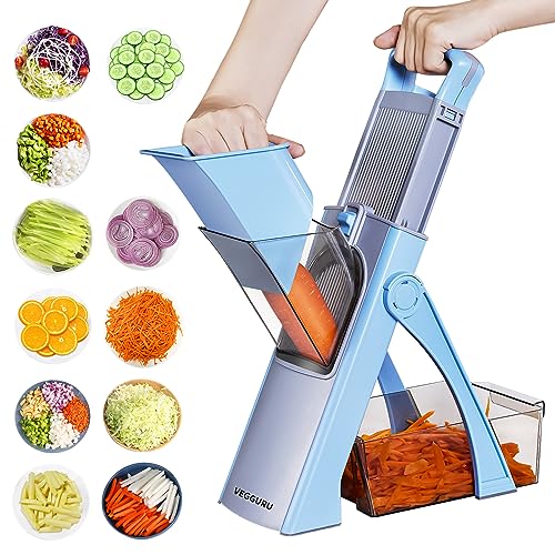 VEGGURU Safer Mandoline Food Slicer, Thickness Adjustable Vegetable Chopper, Onion Chopper Potato Slicer Tomato Cutter Dicer, Multifunctional Kithcen Food Fruit Chopper