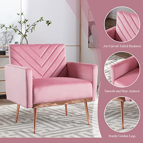 TTGIEET Modern Velvet Accent Chair Set of 2, Upholstered Tufted Armchair with Golden Metal Legs Single Sofa Reading Club Chair for Living Room Office (Pink)