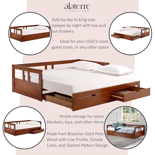 Alaterre Furniture Melody Extendable Daybed Frame with Trundle and Storage Drawers, Brazilian Pine Wood King-Size Bed for Kids Bedroom Furniture, 200 Pound Capacity, Multiple Finish Options