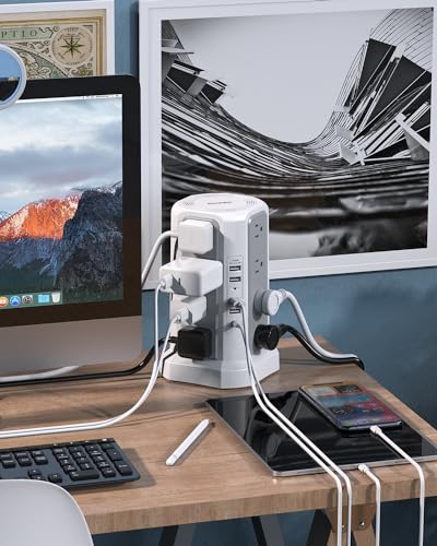 PD 18W USB C Power Strip Surge Protector Tower with 16 Outlets and 5 USB Ports, 6FT Extension Cord with Multiple Outlets, Fararaka Charging Station Home Office Essentials
