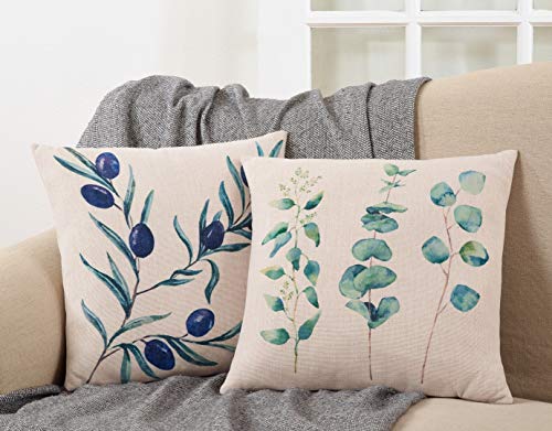 SARO LIFESTYLE Botany Collection Eucalyptus Design Throw Pillow, 18", Natural