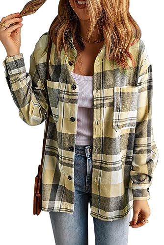 KINLONSAIR Womens Casual Flannel Plaid Shirts Oversized Lightweight Fall Shirt Coat Long Sleeve Button Down Blouse Tops Apricot