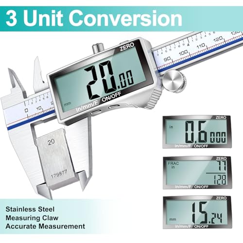 Kynup Digital Caliper, Caliper Measuring Tool with Large LCD Screen, Micrometer Caliper, Stainless Steel, Screen Splash Proof, Easy Switch from Inch Metric Fraction (6 Inch)